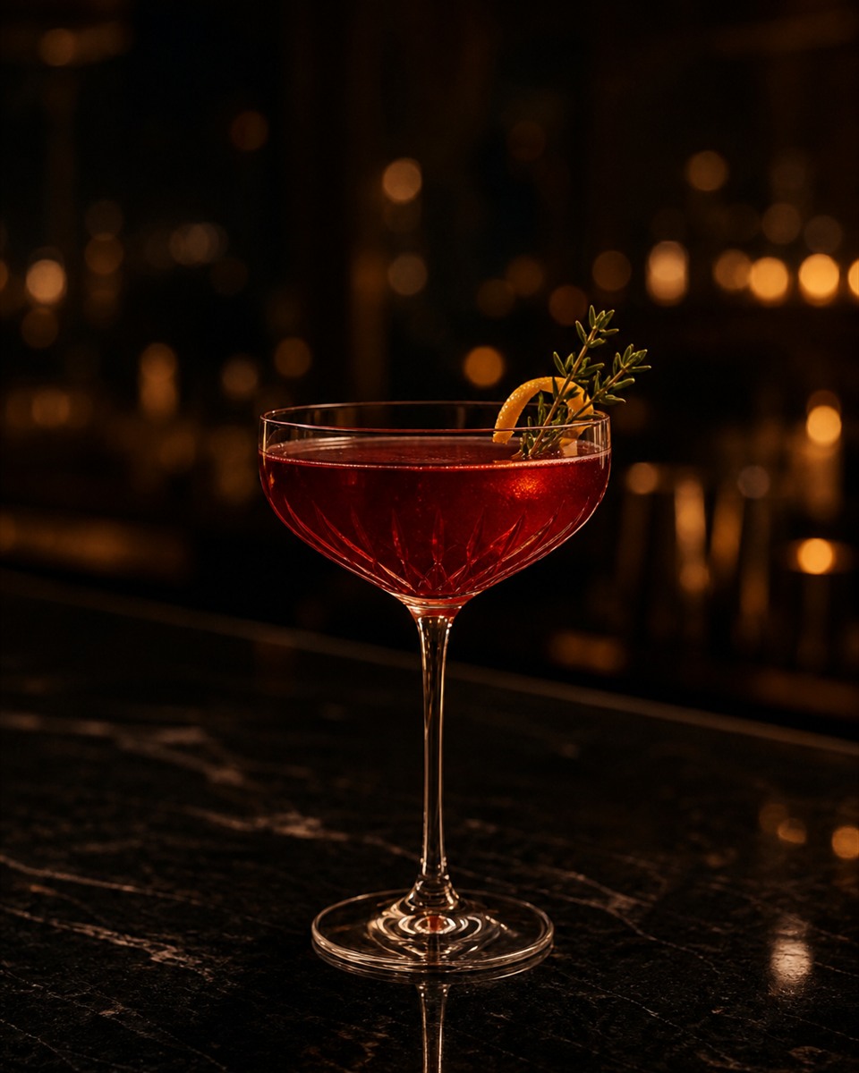 A crafted cocktail garnished with flowers