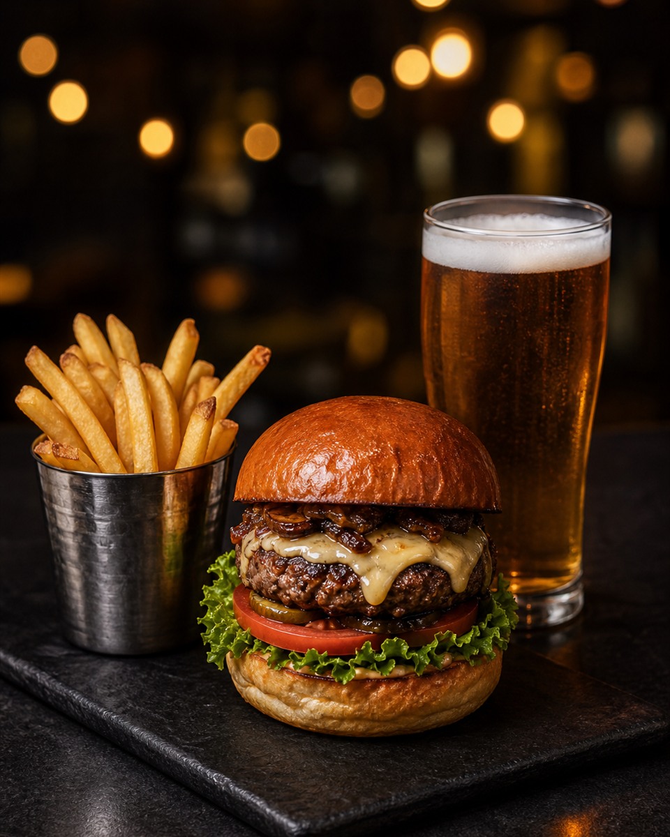 A bistro burger, fries and chilled beer