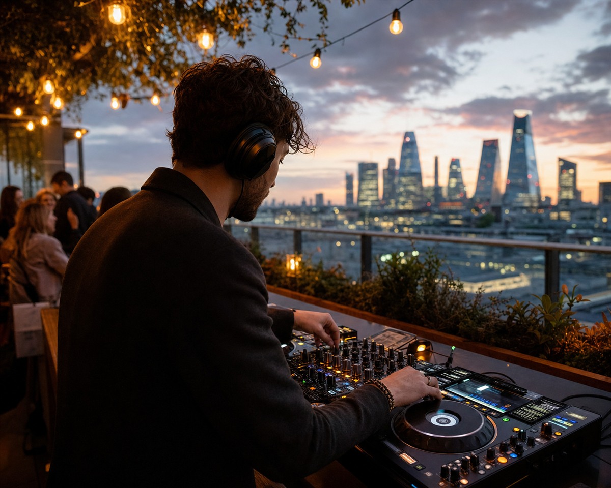A DJ playing an evening rooftop set