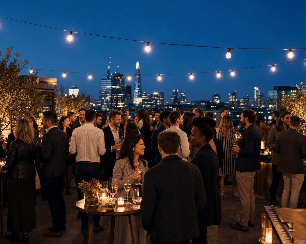 A rooftop brand launch event with a city view