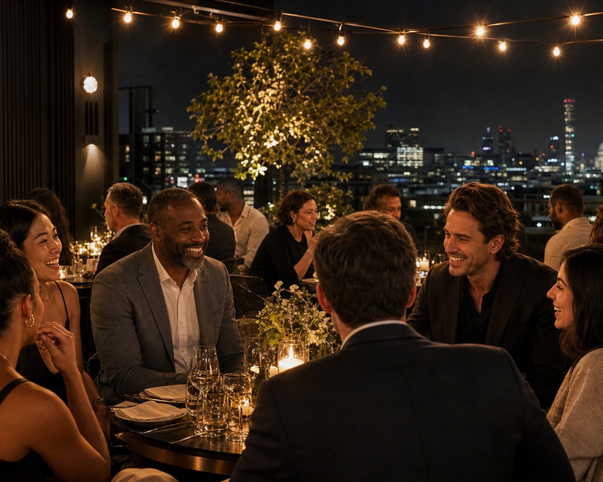 A private rooftop gathering under festoon lights