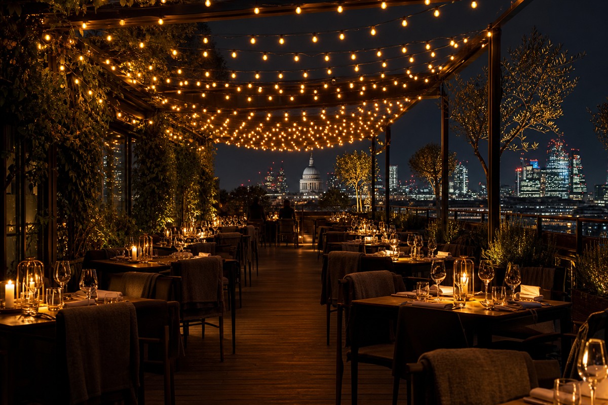 Terrazza rooftop tables glowing beneath evening lights