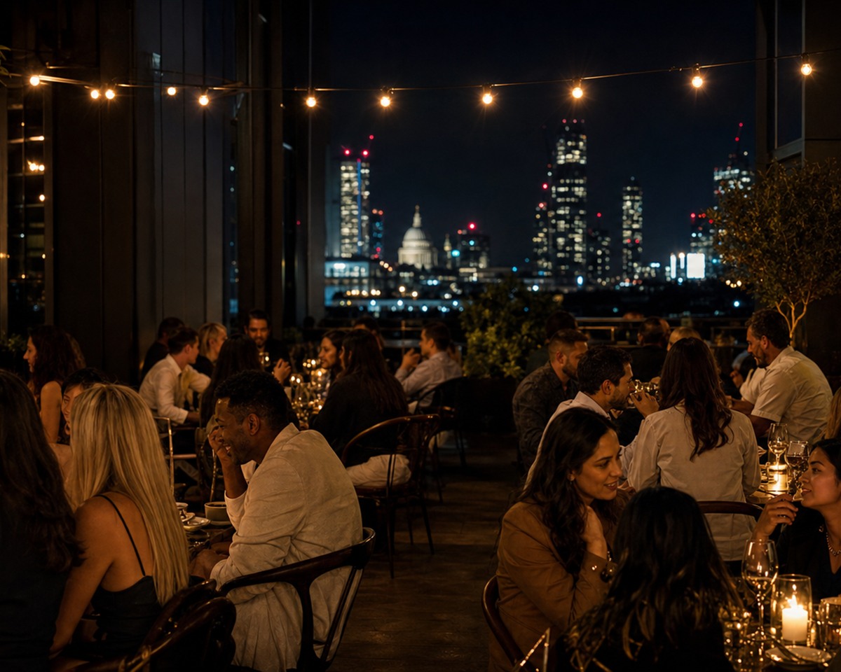 Daniel's view of the lively rooftop at night