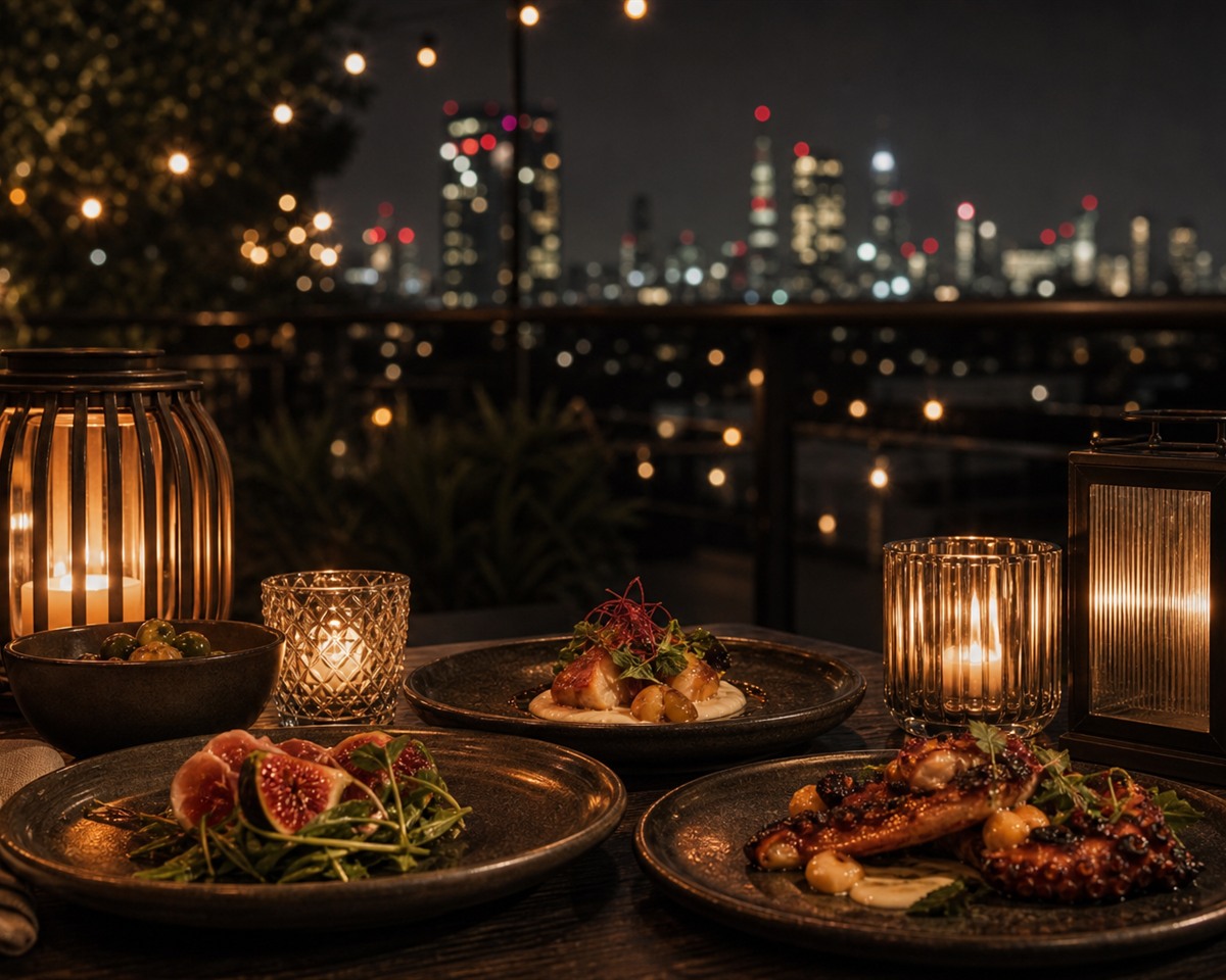 Mark dining on the rooftop at night