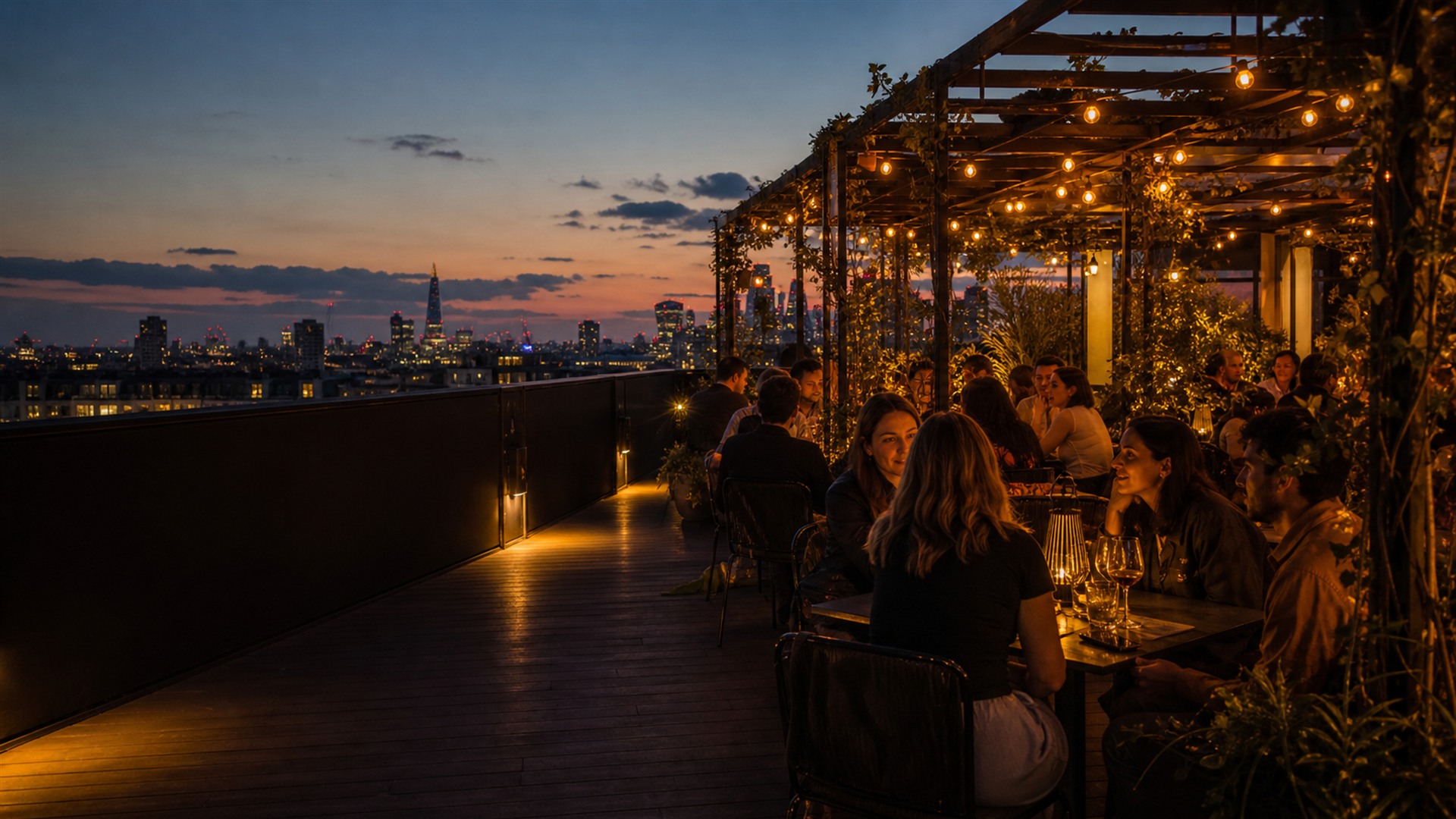 Guests dining beneath warm lights on a rooftop at sunset